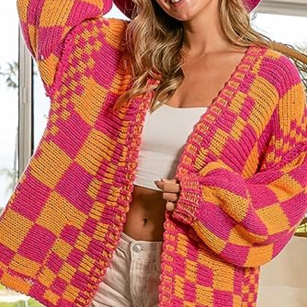 Vintage Checkered Cardigan Sweater Chunky Knit Oversized Y2K Retro Style - Picture 5 of 8